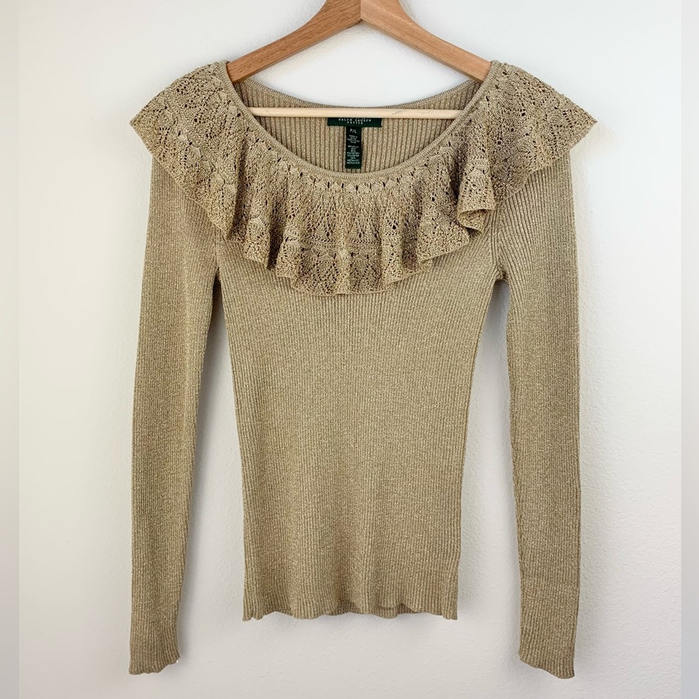 Lauren Ralph Lauren Gold Crochet Ruffle Knit Sweater